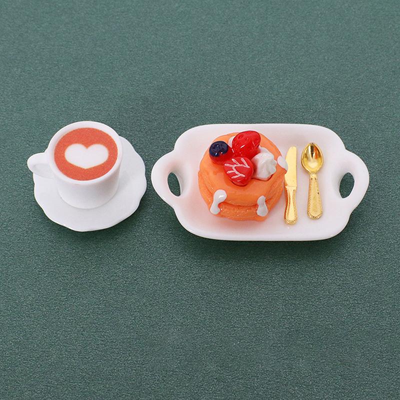 1 Set 1:12 Dollhouse Miniature Coffee Cup Cake Dessert Fork Spoon With Dinner Plate Kitchen Model Micro Landscape Decoration Toy