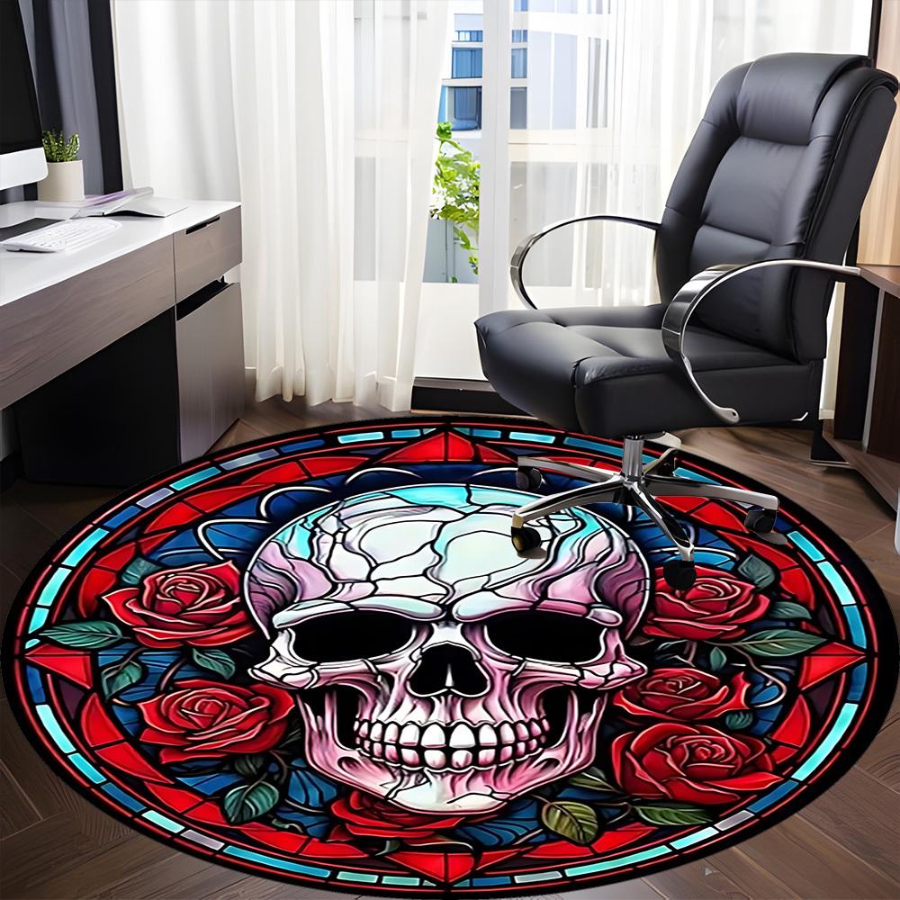 1PC Skull Rose Design Office Round Rug, Non slip, Soft and Durable Office Rug for Interior Decoration, Perfect for Office