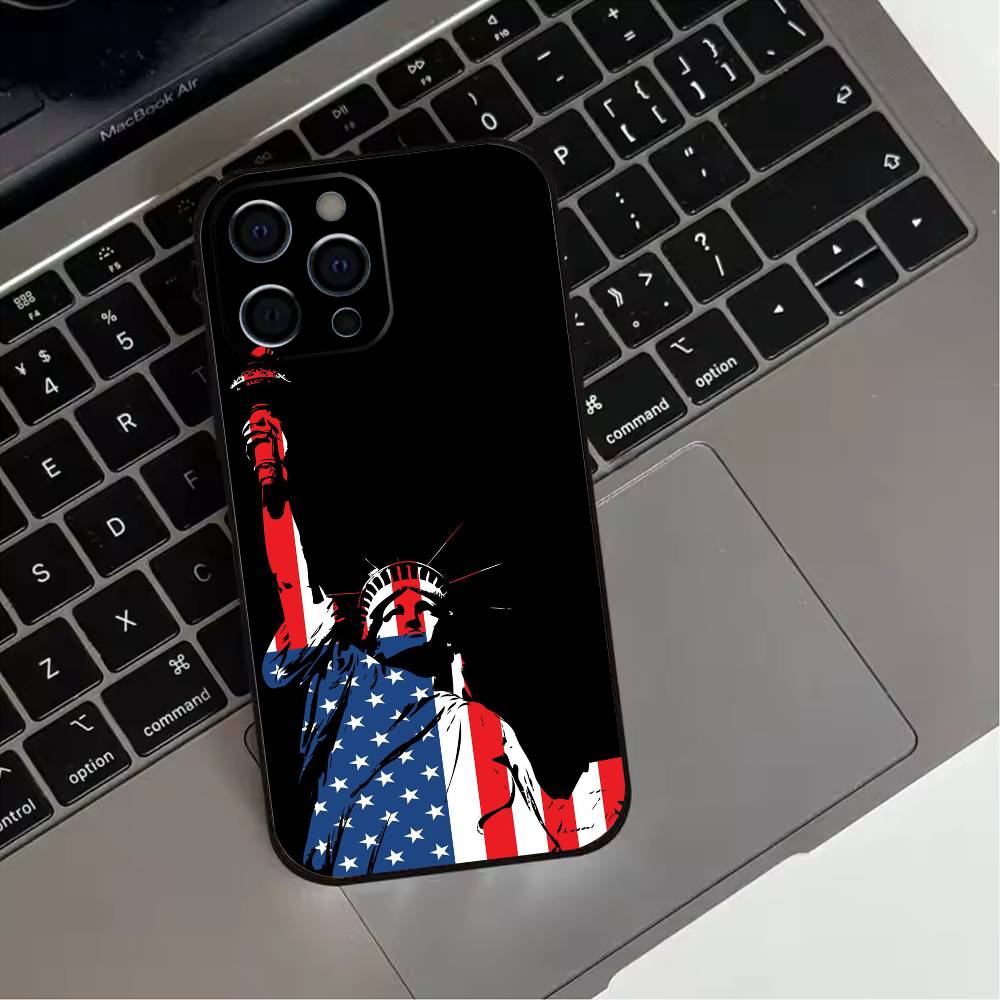 Америка США Флаг Статуя Свободы Чехол для телефона Для iPhone 17,16,15,14,13,12,11 Plus,Pro Max,XS,Мягкий силиконовый Черный чехол