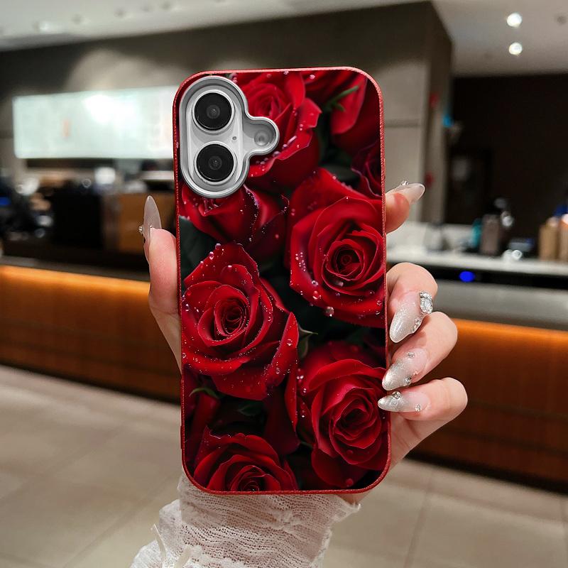 Чехол для телефона из ТПУ с принтом красной розы и текстурой кожи для iPhone 17 16 Pro Max 15 14 13 Pro Max 11, противоударный, мягкая силиконовая задняя крышка