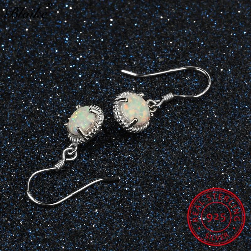 Blaike Vintage Round White Fire Opal Drop Earrings 100% 925 Sterling Silver October Birthstone Rainbow Hanging Dangle Earrings