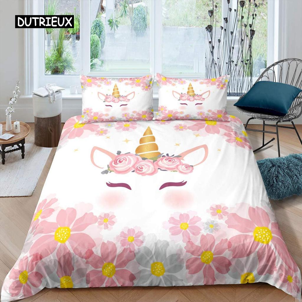 Girls Cute Unicorn Duvet Cover Set Cartoon Animal Bedding Set Microfiber Floral Star Quilt Cover Twin King For Kids Teens Room