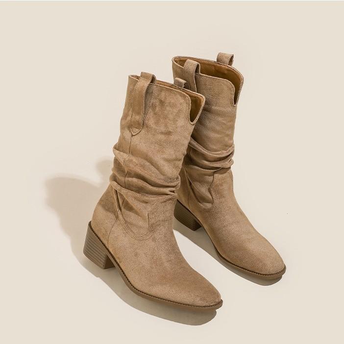 Кожаные Винтажные Ботинки Maillard Внутреннее Увеличение Роста Западные Ковбойские Плиссированные Хаки Ботинки на Меху Высокий Каблук Рыцарские Ботинки