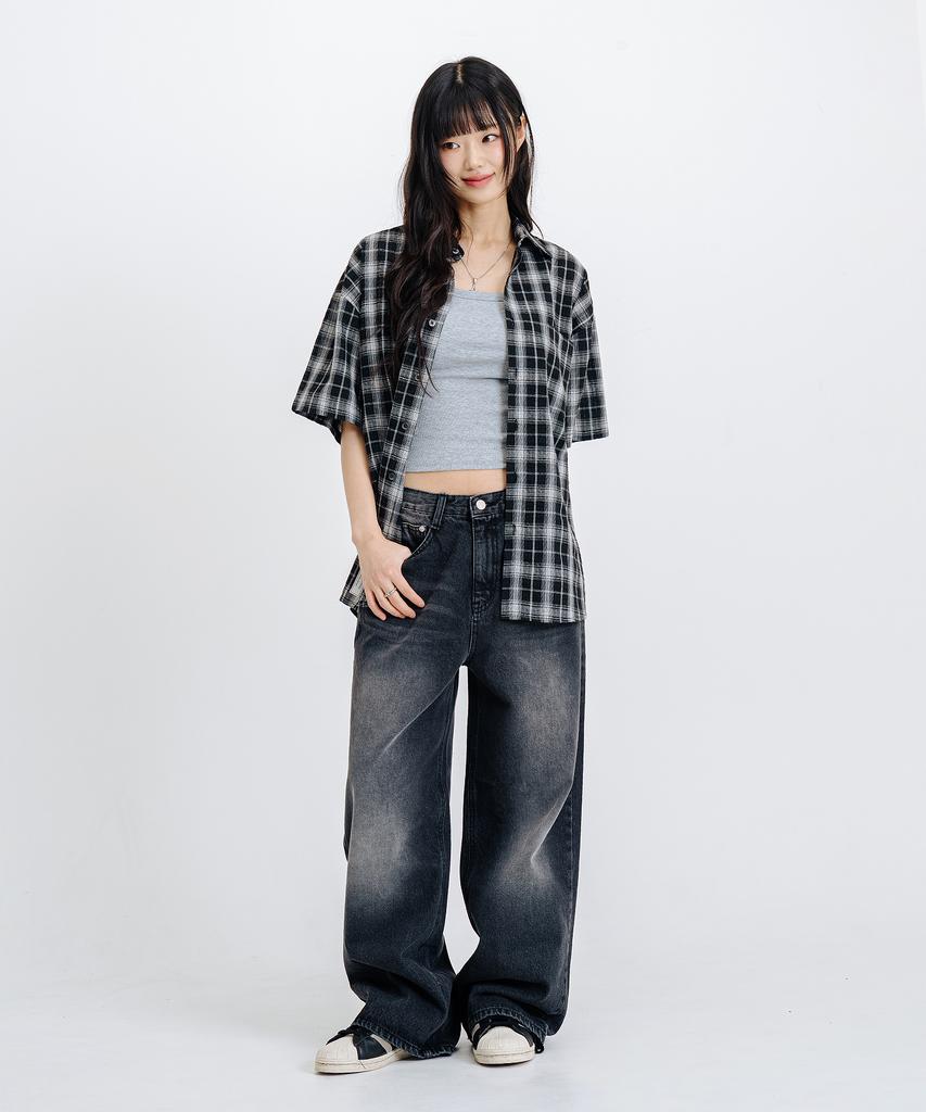 LEMAIN SECOND Check Oversized Short Sleeve Shirt [Black]