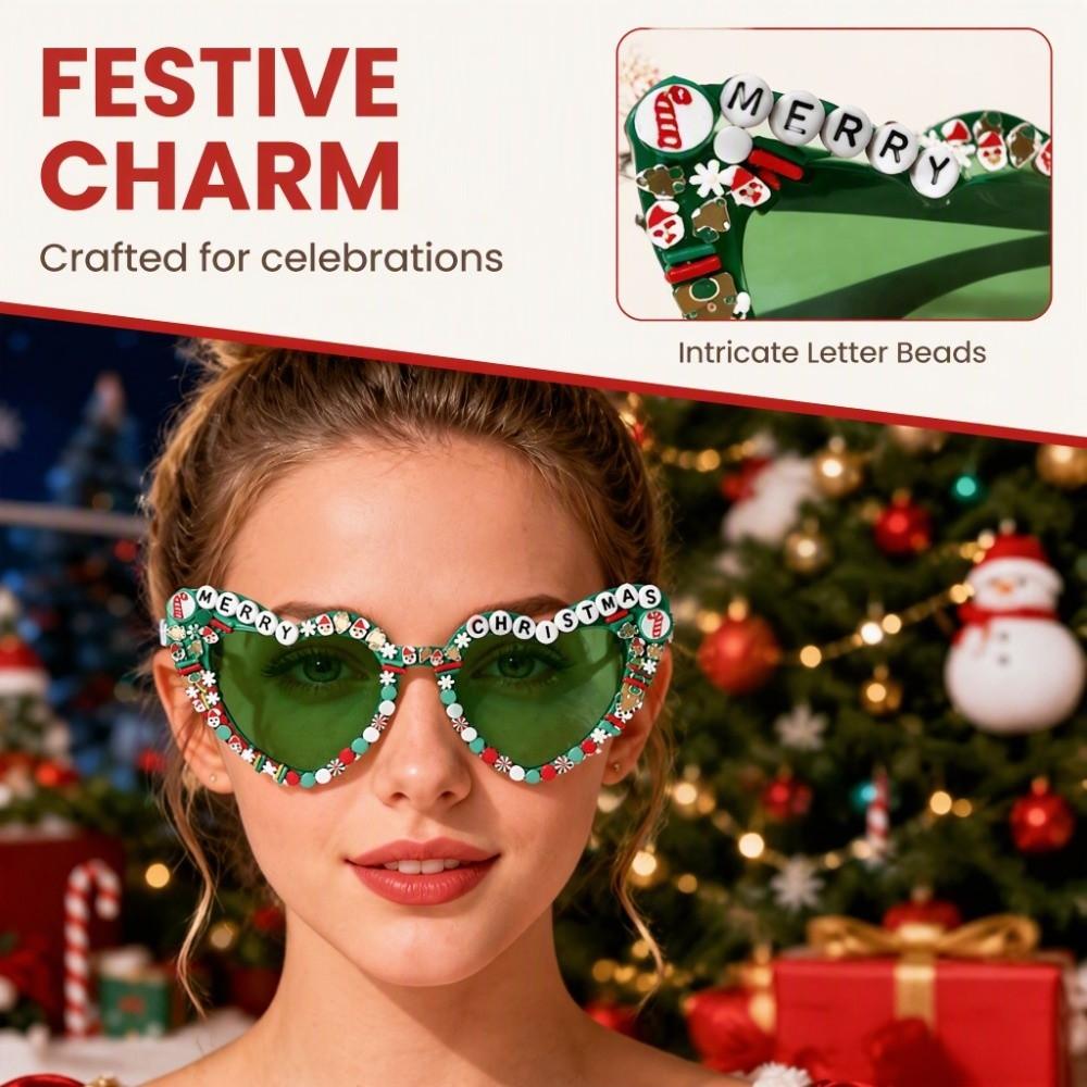 Merry Christmas Heart-shaped Frame Sunglasses Imitation Pearl Beach Party Sun Glasses Gathering