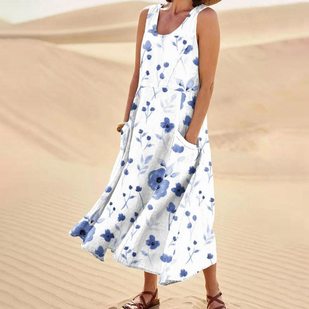 Женские модные повседневные платья из хлопка и льна без рукавов с цветочным принтом и небольшими карманами