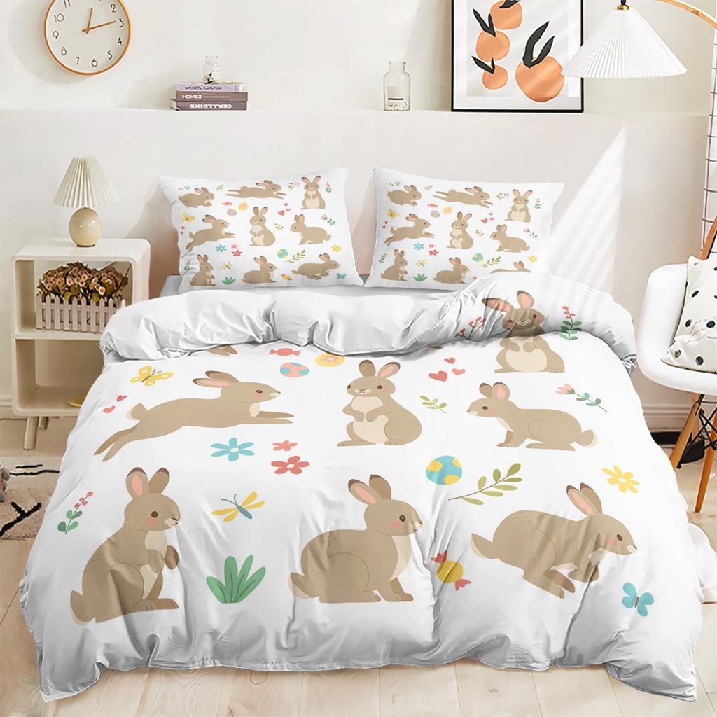 3D Printed Rabbit Bedding Set Cute Animal Down Duvet Cover Pillowcase 2/3 Pieces AU/EU/DE Full Size Soft Home Textile Easter Quilt Cover
