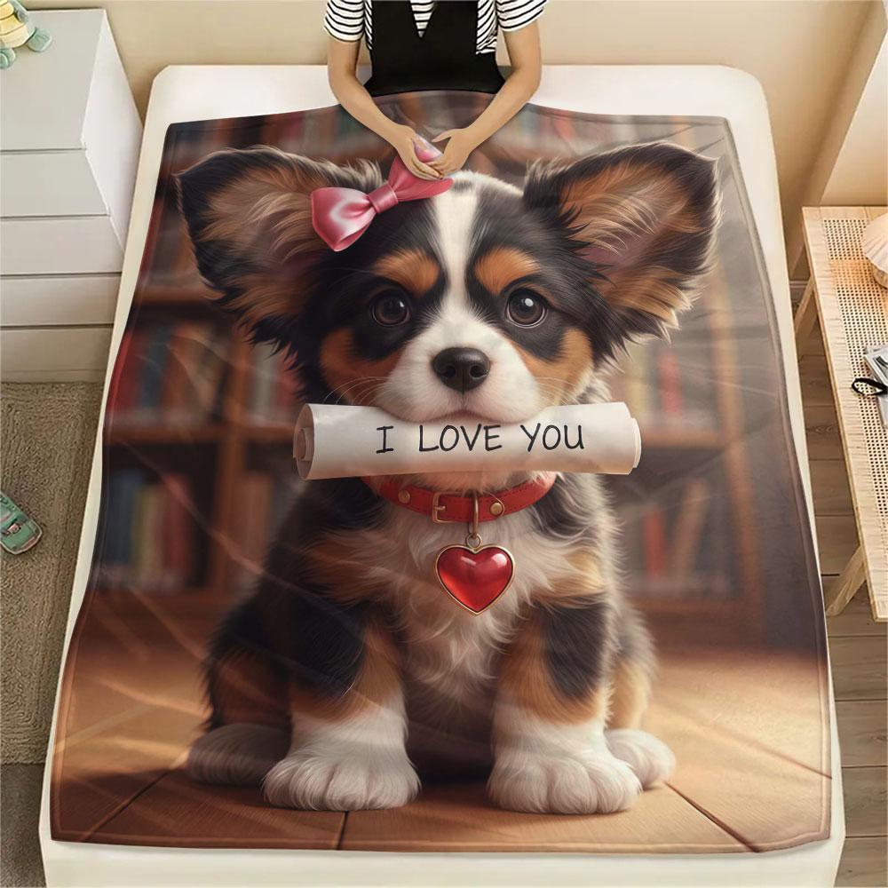 1Pc Iloveyoudog Print Flannel Blanket, High quality Comfortable for All Seasons, Home Decor, Warmth and Comfort, Perfect for Christmas Gifts