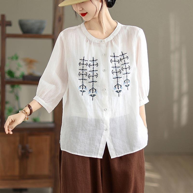 2025 лето новый большой размер тяжелая промышленность вышитая хлопково-льняная рубашка женственность воротник-стойка рубашка вышитый тонкий топ лето