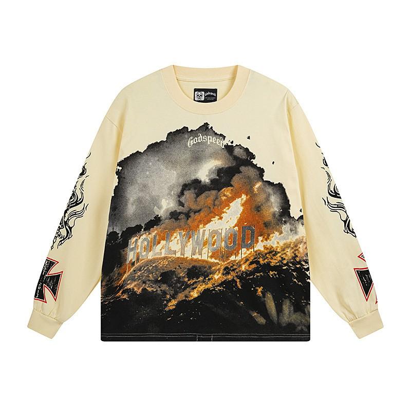 Mens Oversized Cotton Long Sleeve Tee With Skull Graphic Print Streetwear Rock Band Style Loose Fit Teens Adults