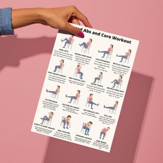 2 Sheets Seated Core Exercise Poster, Chair Workout Chart for Abs, Home Gym Wall Art, Strength Training Guide for Seniors