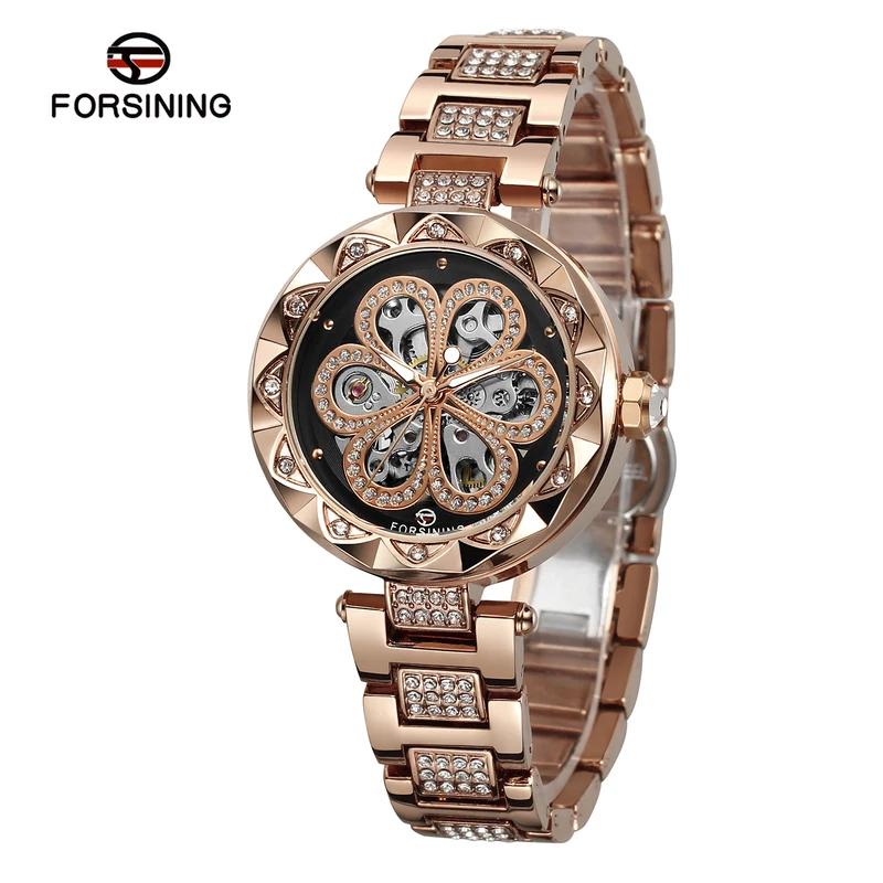 Forsining Elegant Fashion Women Automatic Mechanical Watches Luxury Diamond Stainless Steel Waterproof Ladies Stylish Wristwatch