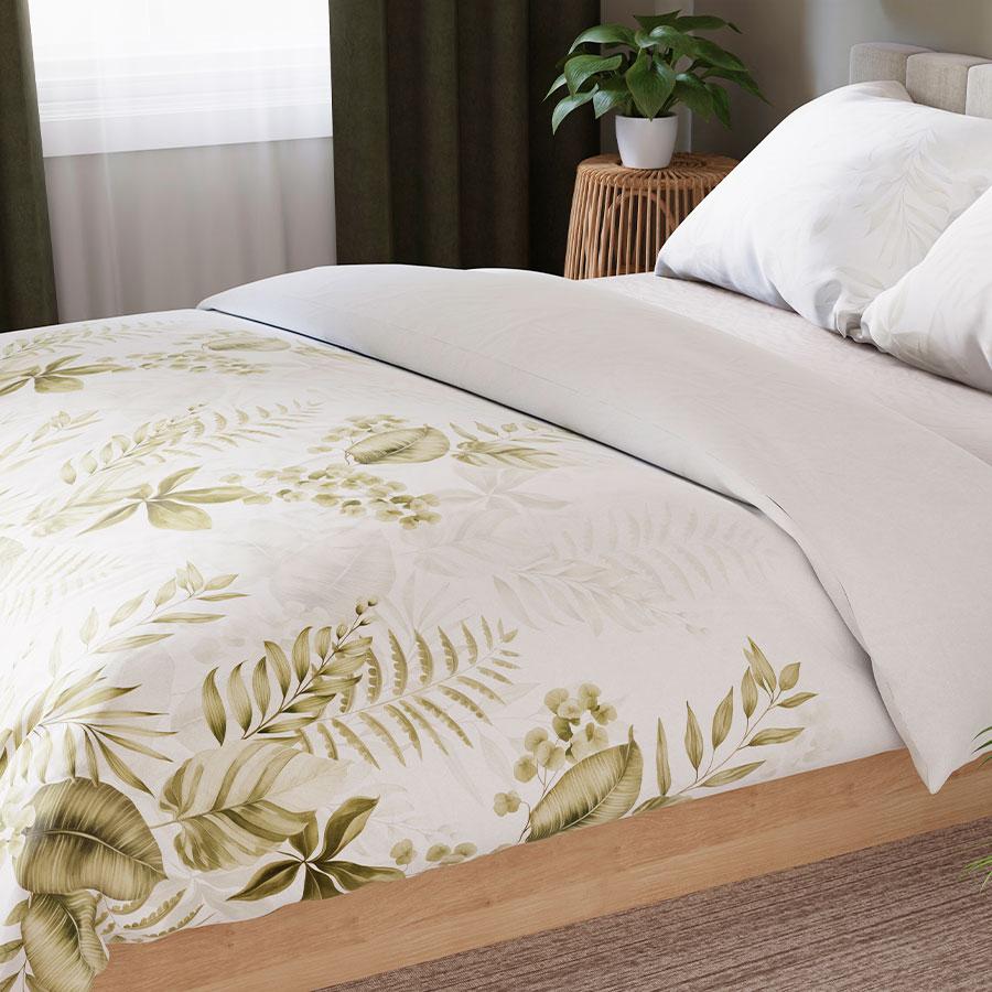 LIGIERO bedding set 220x200 cm - satin cotton, white, plant pattern