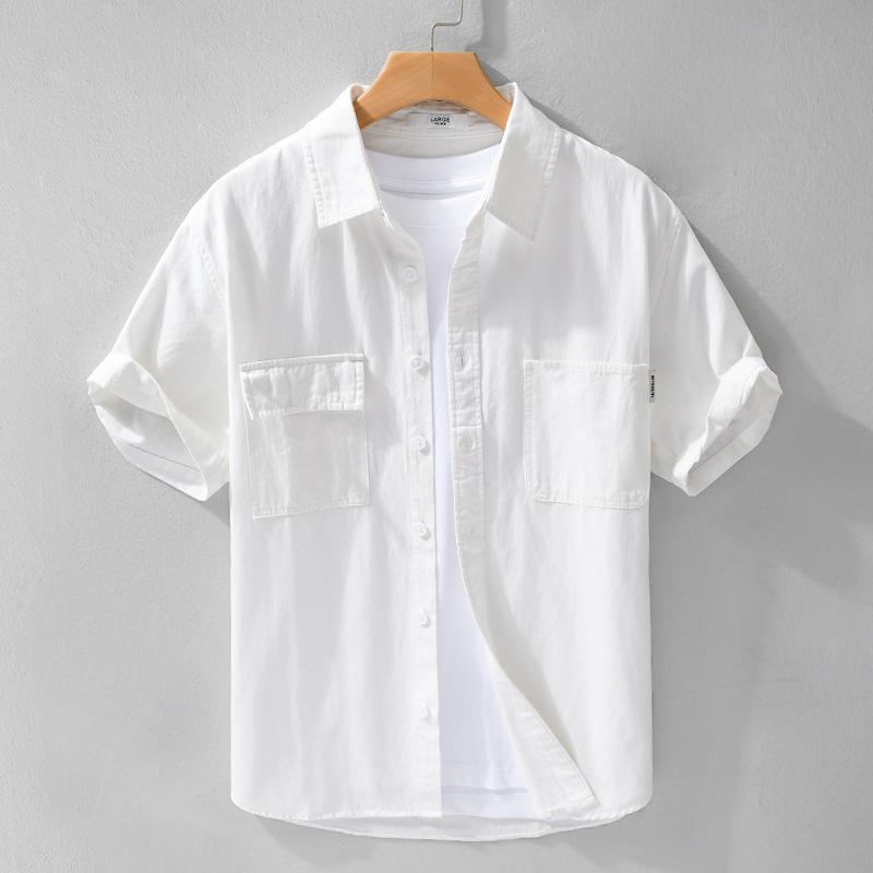 New Fashion Summer Tops for Men Korean Style Workwear Loose Shirt Pure Cotton Casual Double Pockets Short Sleeve Shirt Youth