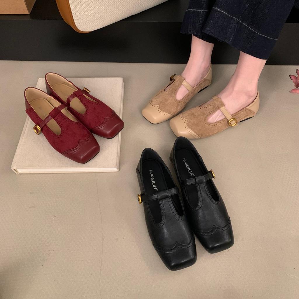 2025 новые французские ретро универсальные туфли Мэри Джейн на плоской подошве, замшевые, с квадратным носком, с неглубоким вырезом, осенние