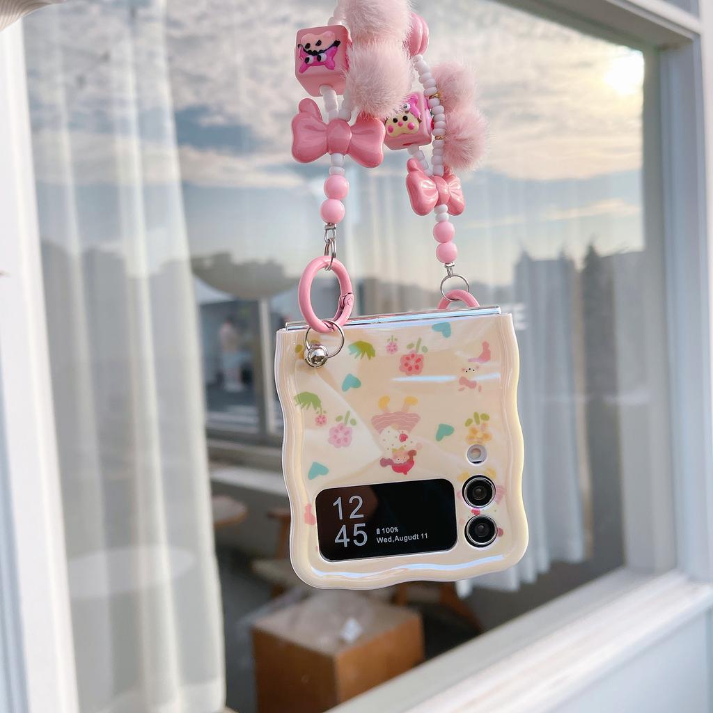 For Samsung Galaxy Z Flip4 5G Case IMD Girl Flower Pattern TPU Phone Cover with Beads Hand Strap