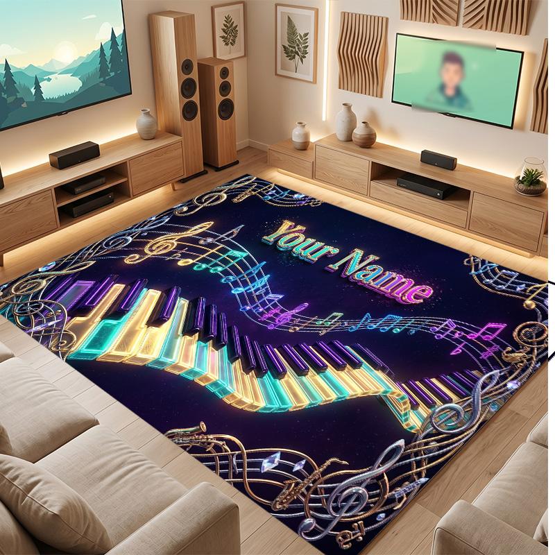 Music Theme Soft Crystal Velvet Rug Custom Name & Text Print Non Slip Floor Rug for Bedroom Living Room