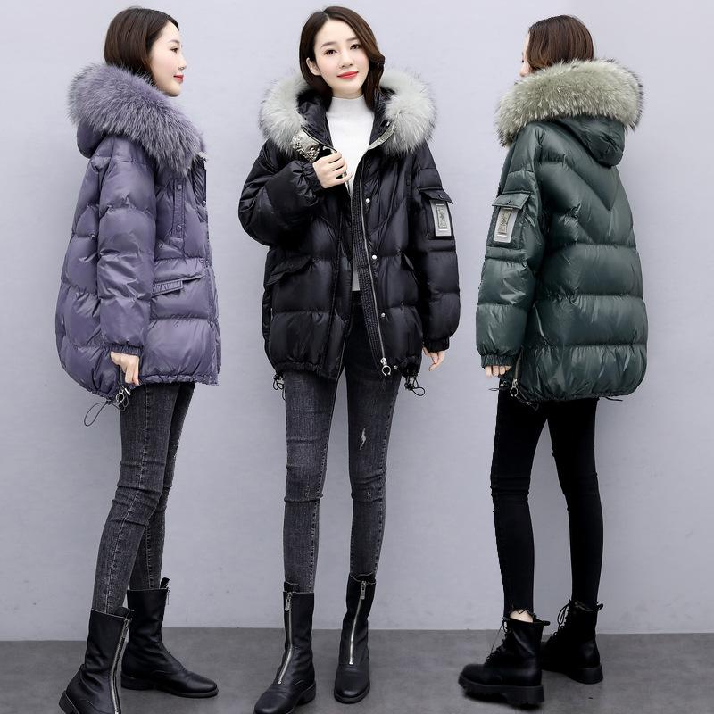 Зимняя теплая пуховая хлопковая куртка с меховым воротником и капюшоном, свободное женское утепленное пальто