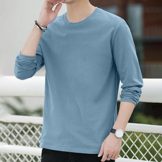 Men Tops Round Neck Long Sleeve Autumn Tops Solid Color