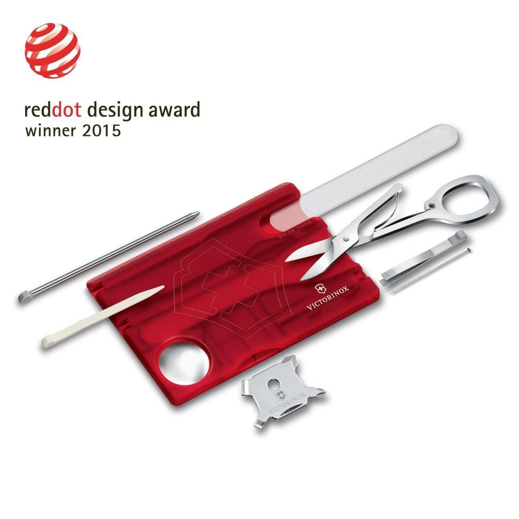 VICTORINOX SwissCard Nail Care Translucent with 13 Functions Nail Glass Nail Aid Tool, Red, (Nail File, Polisher, File, Scissors), Emergency/First