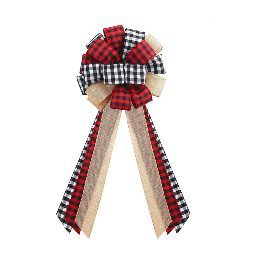 Christmas Tree Topper Large Plaid Burlaps Red And Black Gift Bow For Xmas Tree Handmade Holiday Party Decorations-13 X 29 Inch