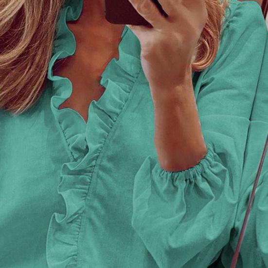 Женская свободная блузка с рюшами и V-образным вырезом с длинным рукавом и повседневным фонариком