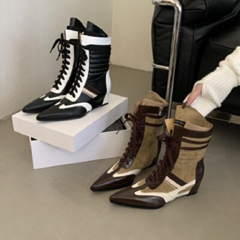 Boots Lace-up Sports Style Boxing Boots Spice Girls Pointed Martin Boots Wedge Heel Retro Color Matching Short Boots Women