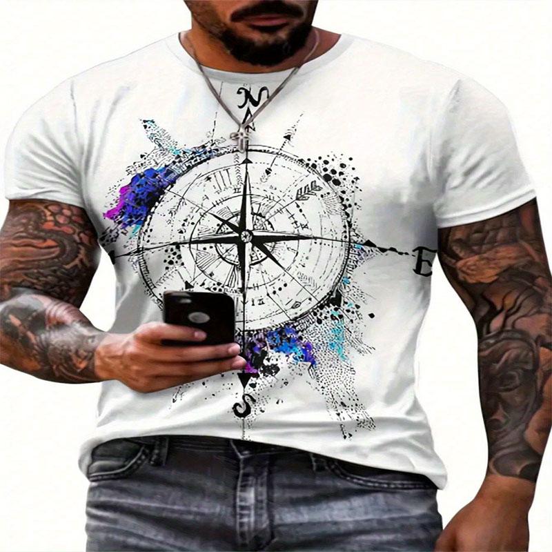 Летняя мужская дышащая футболка из полиэфирного волокна с короткими рукавами и принтом компаса, повседневная с круглым вырезом для модных выходов