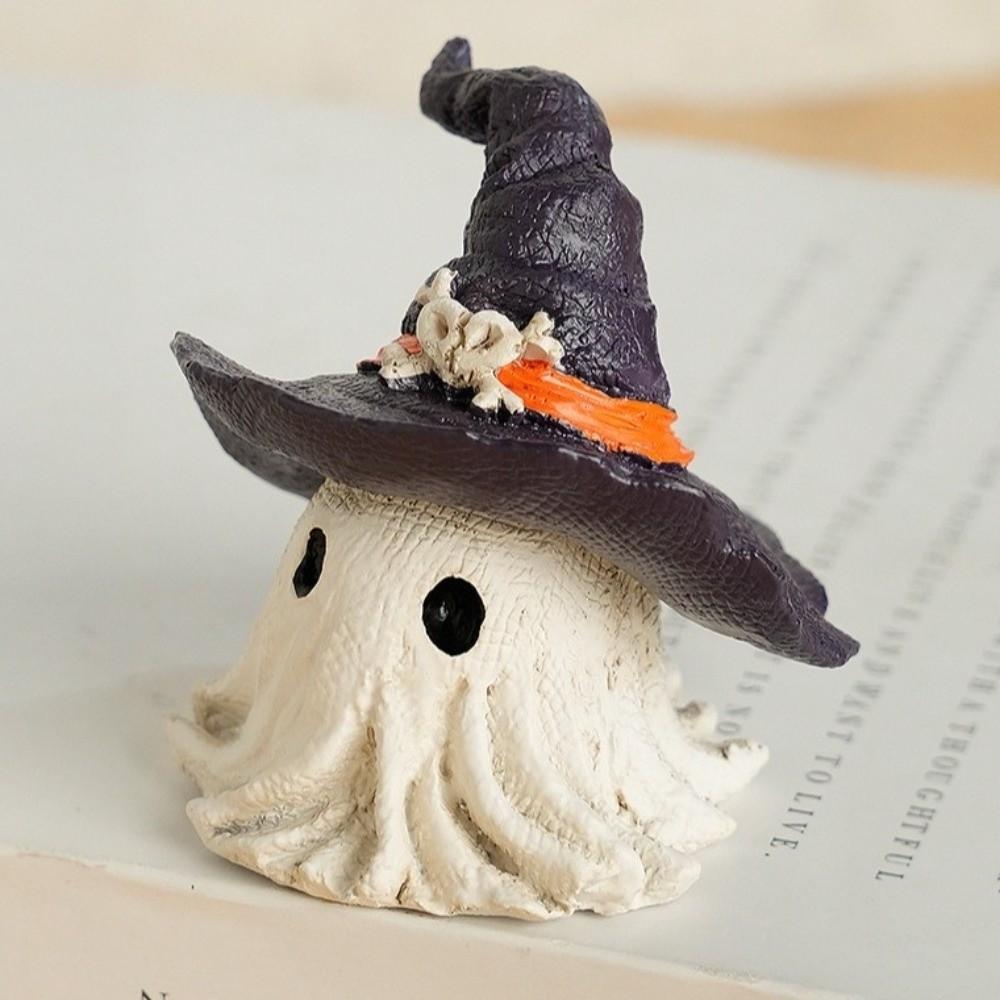 Cartoon Cute Halloween Ghost Figurine White Resin Crafts Hat Ghost Statue Handmade Halloween Ornaments Haunted House