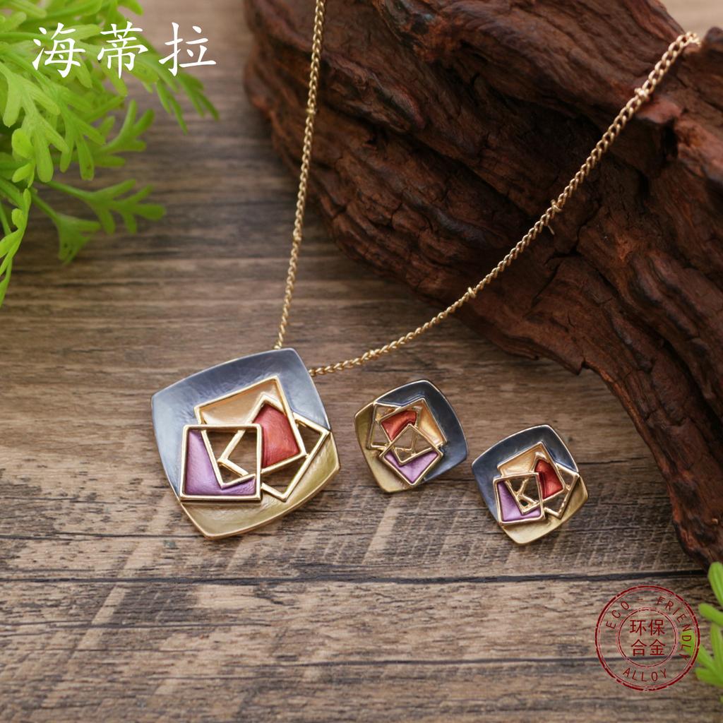 Новый эмалевый цвет, полый квадрат, геометрический набор серег-пусет, подвеска, персонализированное женское универсальное ожерелье