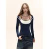 Shiyiyue American-Style White Halter Neck Camisole Top for Women, Autumn Spicy Girl Navy Blue Low-Neck Long-Sleeve Slimming Outfit