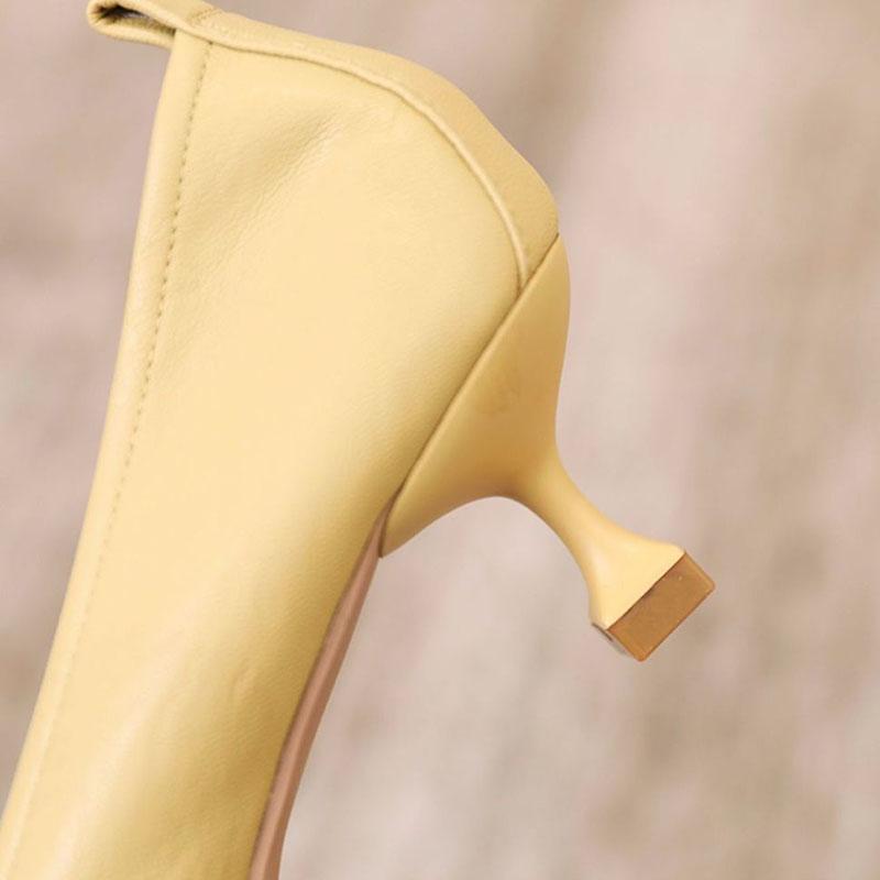 WTEMPO Solid Color High-heeled Shoes Women's Spring and Autumn Thin Heel Pointed Toe Pleated Soft Leather Soft Sole Middle Heel Breathable Shoes