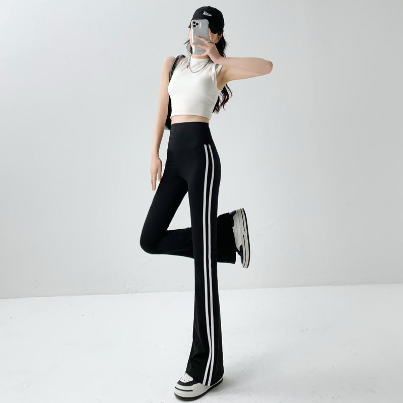 Black flared shark pants for women, high-waisted slimming striped pants with pockets, loose and stylish spring/autumn bell-bottom pants