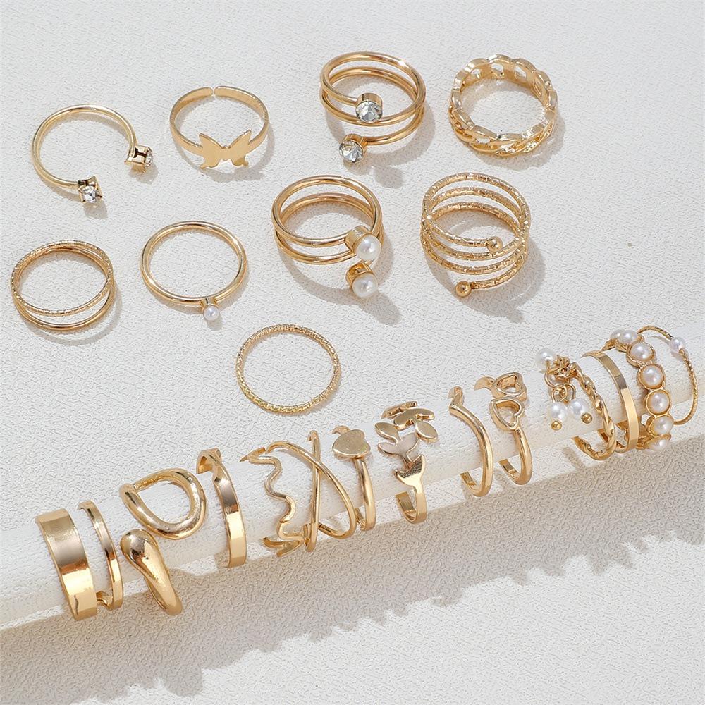 Gold/Silver Wave Joint Rings Set Alloy Love Chain Joint Ring New Multi Style Ring Set  Woman