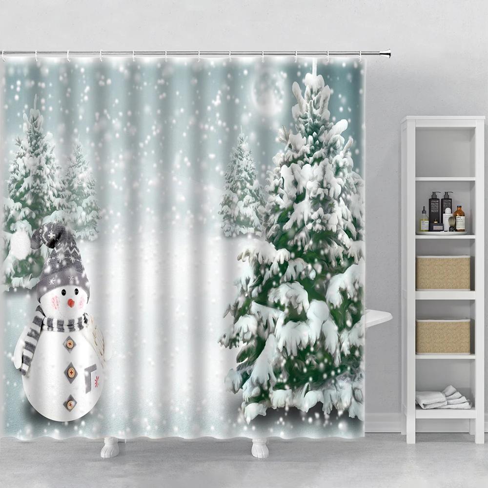 Happy Snowman Christmas Shower Curtain Snowflake Santa Claus New Year Gift Bathroom Waterproof Bath Curtain Home Decor With Hook