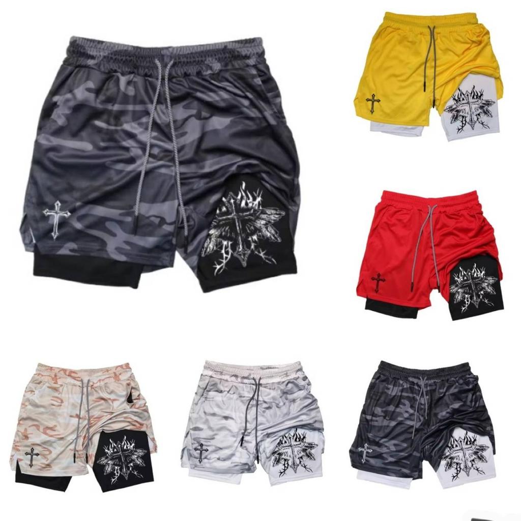 Muay Thai Kick Boxing MMA Shorts Cross Christian Camouflage God Men Women Unisex Double Layer Quick Dry Breathable Sport Gym Fitness Workout