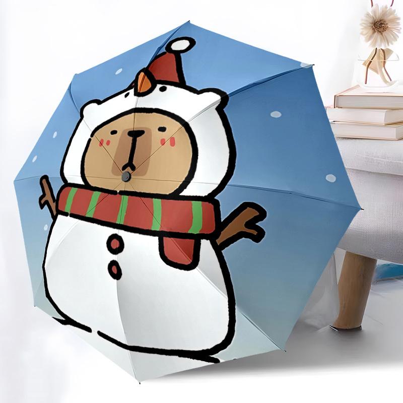 1pc Snowman Capybara Automatic Umbrella - Stylish, Durable, with 8-Rib Manual Open Design, Elegant Black Handleyy250920229