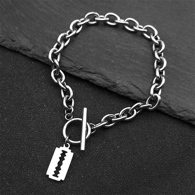 Hip Hop Razor Blade Shape Bracelet For Women Men Stainless Steel Silver Color Pendant Ot Buckle Bracelet Fashion Jewelry