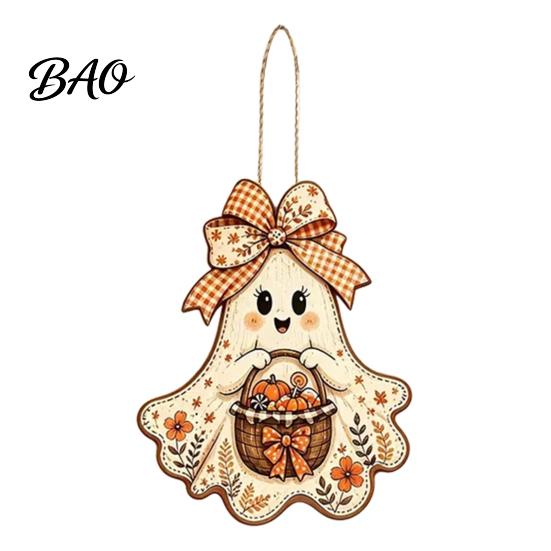 Indoor Wall Hanging Ornament Cute Bow Ghost Sign, Rustic Retro Floral Door Sign with Pumpkin Decoration Basket, Vintage Halloween Wooden Pendant