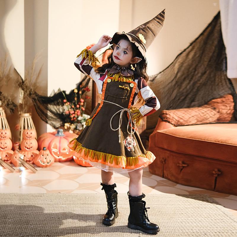 Girls Scarecrow Halloween Costume Dress with Hat and Accessories Polyester