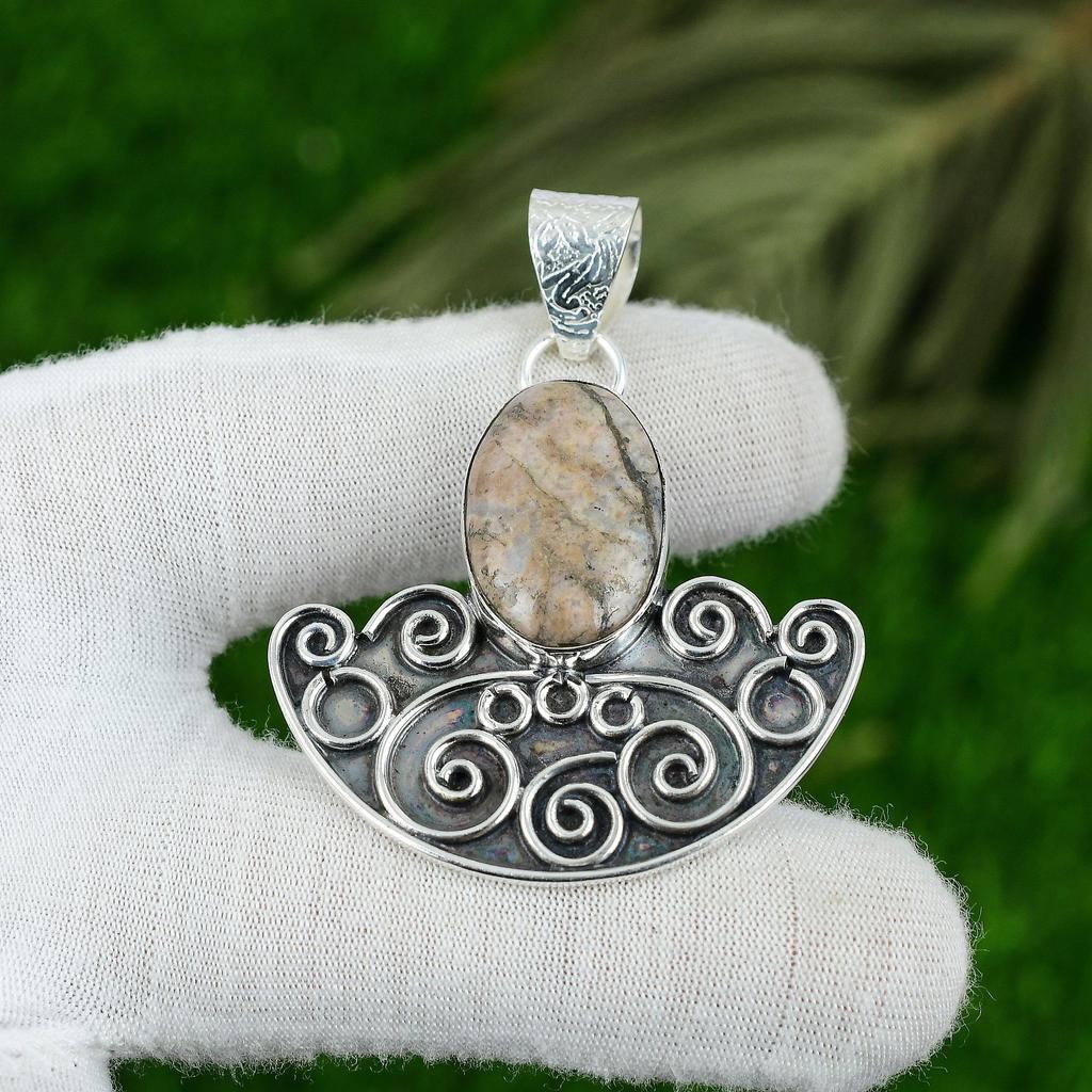 Oval Picture Jasper Stone 925 Silver Handmade Wife Elegant Bezel Pendant Jewelry