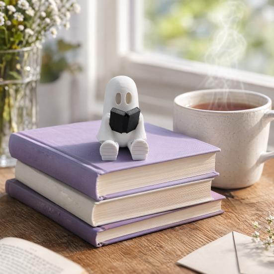 Nostalgie Ghost Reading Book Figurine, 3D Printed Cute Statue with Movable Joints, Halloween Mini Decorative Ornament for Bookshelf, Desktop Decor