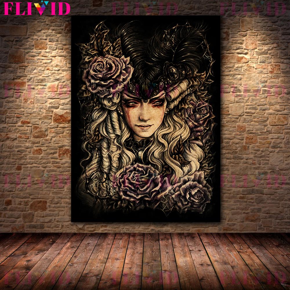 Witch and Snake Gothic Wall Art Oil Painting Retro Frameless