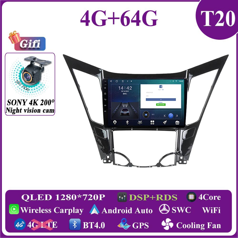 Android 16 pour Hyundai Sonata 6 YF 2009-2014, autoradio multimédia avec Carplay, GPS, lecteur DVD, caméra de tableau de bord, sans 2DIN