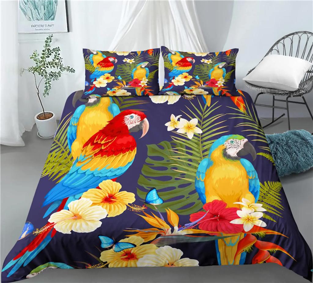 Пододеяльник Lunarable Parrots, реалистичные птицы на ветках, волнистый попугайчик и ара, декоративная тропическая дикая природа для комнаты взрослых