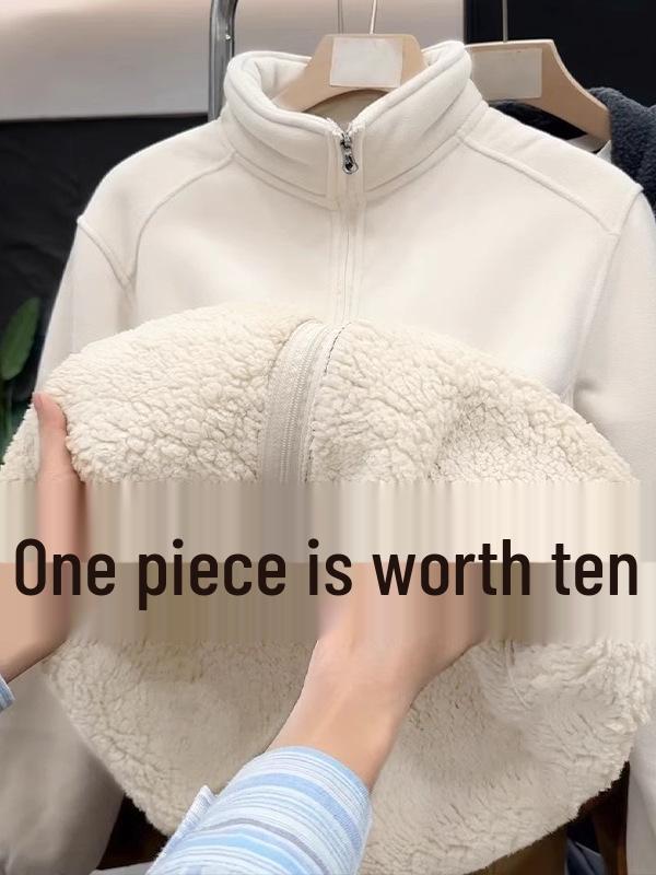 Women's Fleece Jacket with Lamb Wool Lining - Warm Zip Cardigan for Autumn/Winter