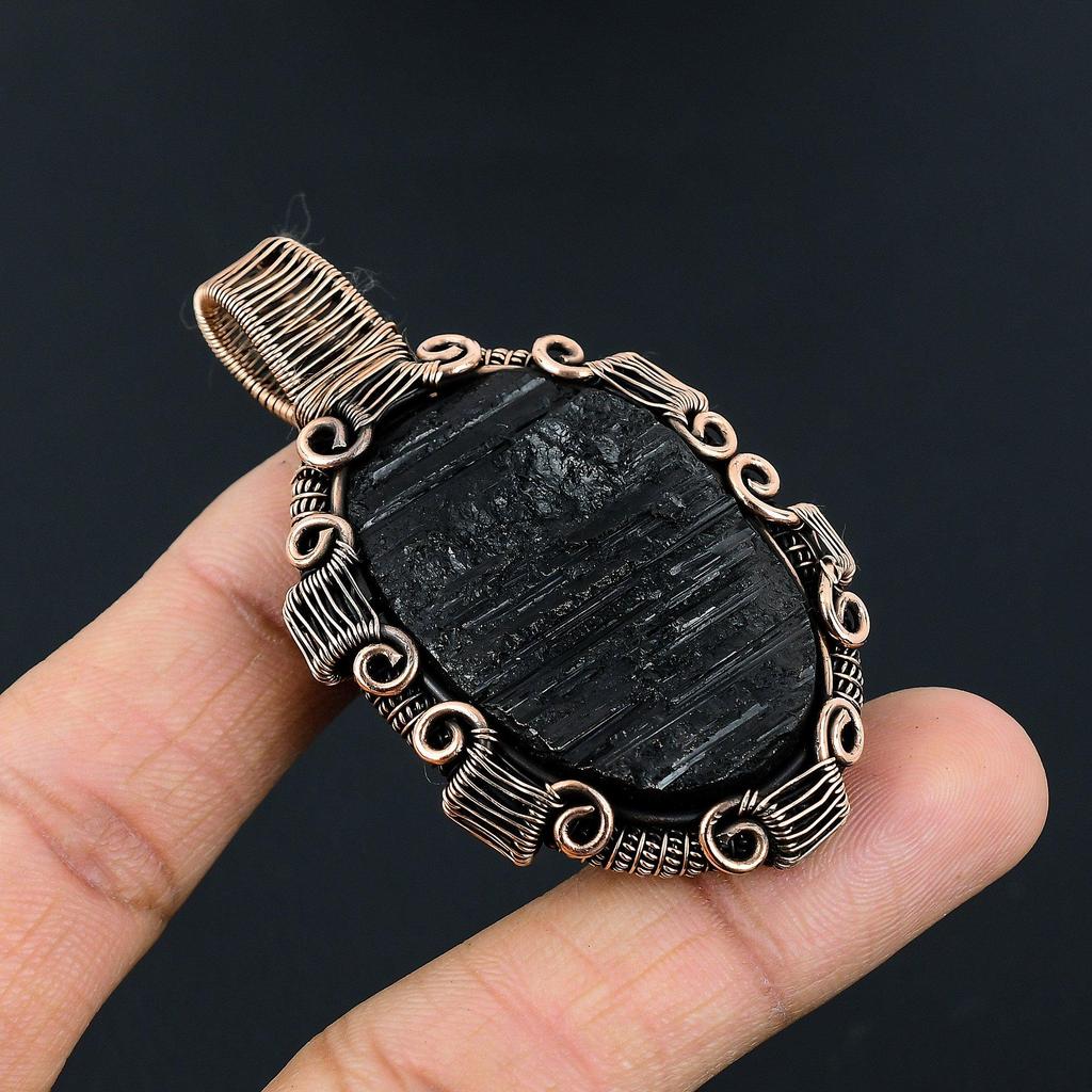 Подвеска из черного турмалина, ювелирное изделие из драгоценного камня, подвеска, обернутая медной проволокой 999 пробы, удивительное ювелирное изделие-подвеска ручной работы