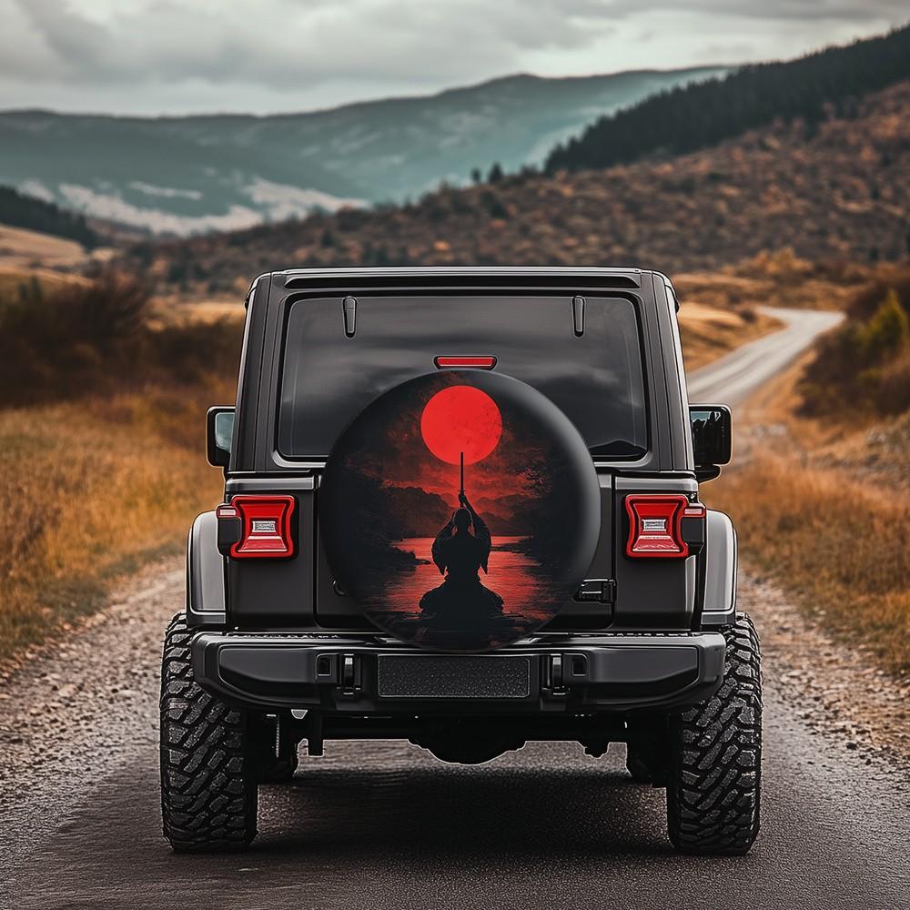 Warrior Moon Spare Tire Cover Dark Japanese Samurai Style Polyester Protector for Off-Road SUV