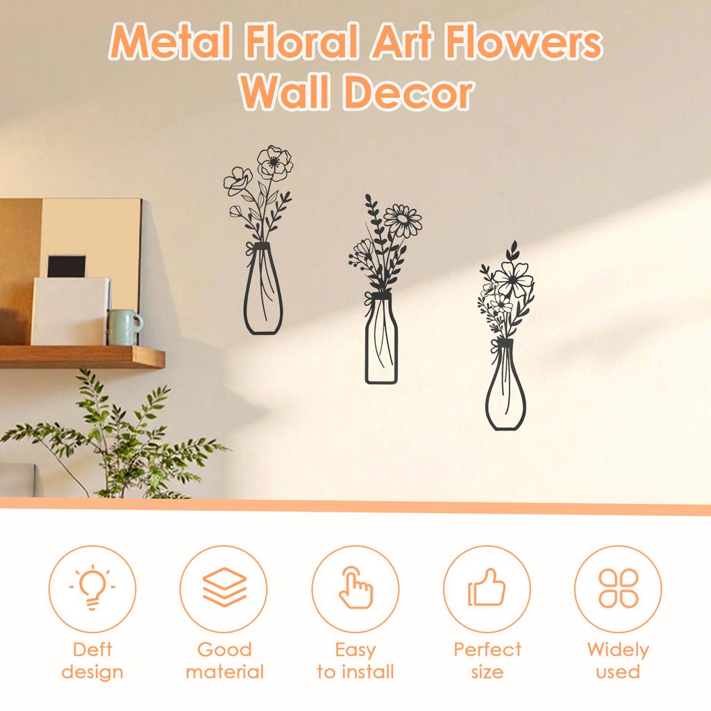 3Pcs Metal Flowers Wall Art Exquisite Metal Vase Wall Decor Floral Ornaments Rustic Farmhouse Decor for Living Room Bathroom