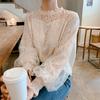 Women Casual Hollow Flower Mesh Lace Blouse Elegant Lantern Long Sleeve Shirt Fashion Ruffled Stand Collar Pullovers